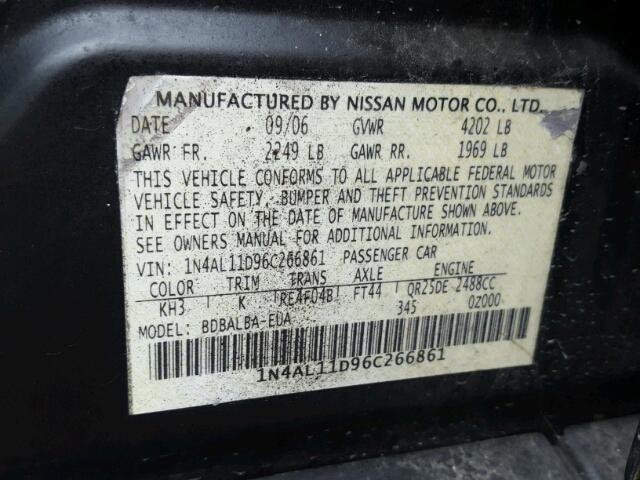 1N4AL11D96C266861 - 2006 NISSAN ALTIMA S BLACK photo 10