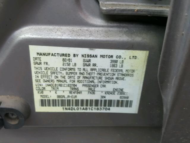 1N4DL01A81C183704 - 2001 NISSAN ALTIMA GXE SILVER photo 10