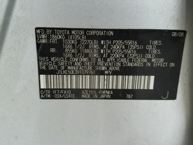 JTLKE50E391079761 - 2009 TOYOTA SCION XB Plata foto 10