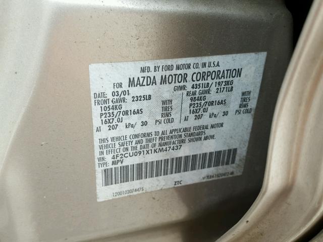 4F2CU091X1KM47437 - 2001 MAZDA TRIBUTE LX BEIGE photo 10