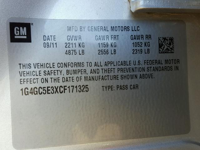 1G4GC5E3XCF171325 - 2012 BUICK LACROSSE SILVER photo 10