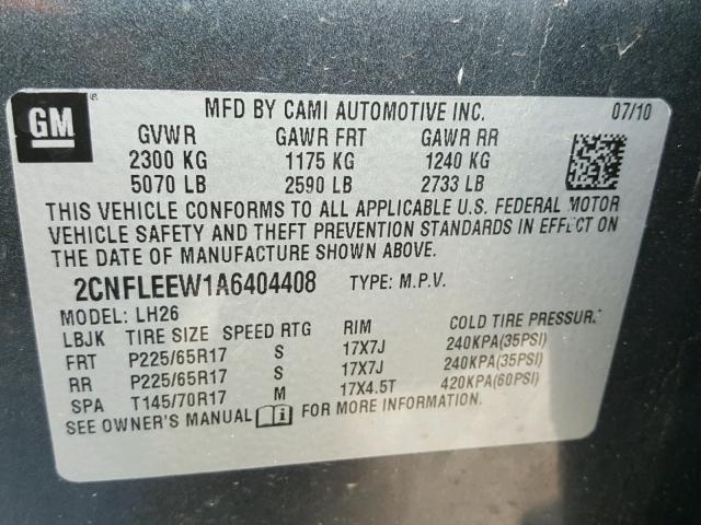 2CNFLEEW1A6404408 - 2010 CHEVROLET EQUINOX LT GRAY photo 10