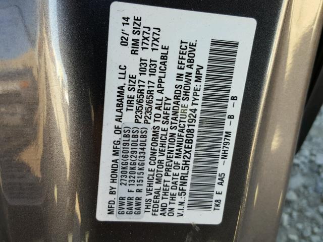 5FNRL5H2XEB081924 - 2014 HONDA ODYSSEY LX GRAY photo 10