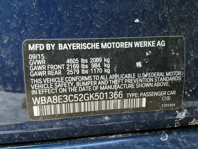 WBA8E3C52GK501366 - 2016 BMW 328 XI SUL BLUE photo 10