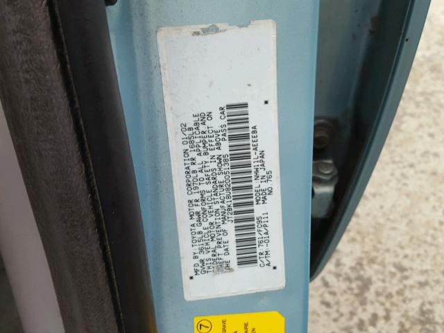 JT2BK18U820051385 - 2002 TOYOTA PRIUS BLUE photo 10