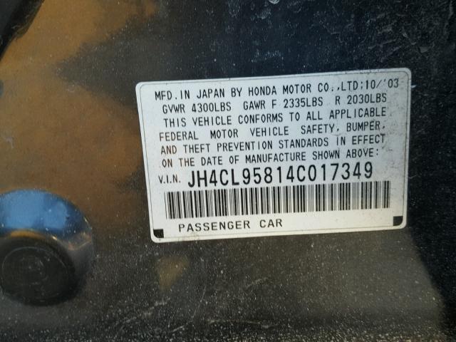 JH4CL95814C017349 - 2004 ACURA TSX GRAY photo 10