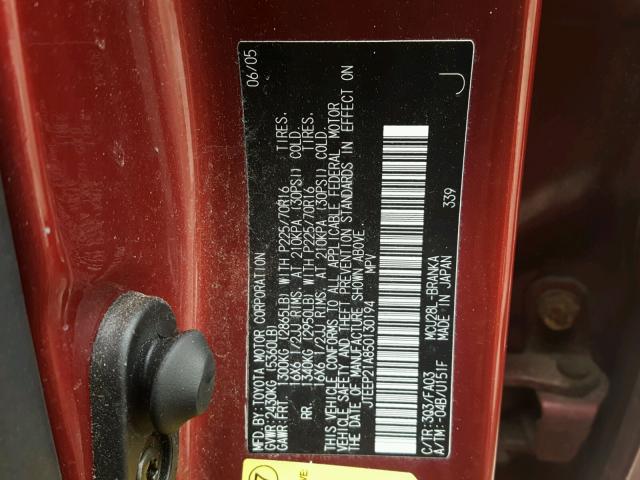 JTEEP21A850130194 - 2005 TOYOTA HIGHLANDER RED photo 10