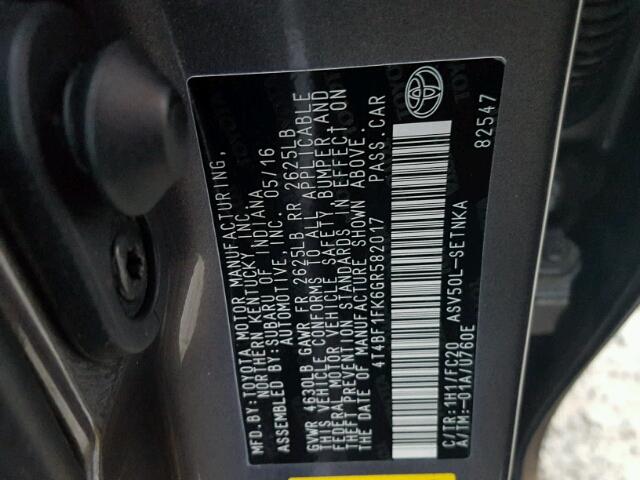 4T4BF1FK6GR582017 - 2016 TOYOTA CAMRY LE ნაცრისფერი ფოტო 10