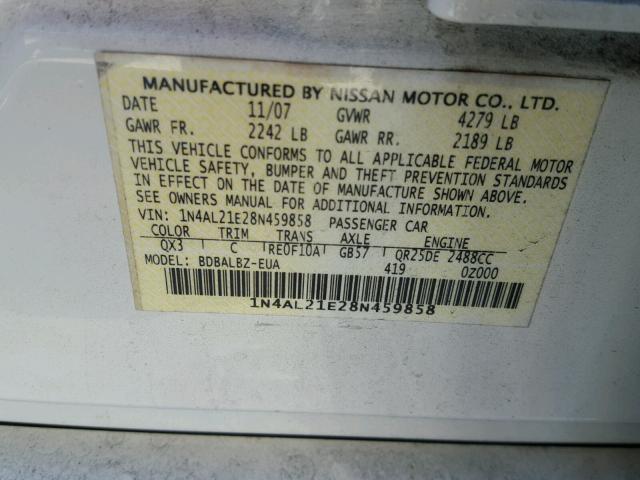 1N4AL21E28N459858 - 2008 NISSAN ALTIMA 2.5 WHITE photo 10