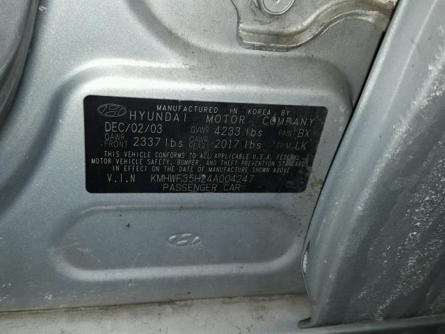 KMHWF35H24A004247 - 2004 HYUNDAI SONATA GLS SILVER photo 10