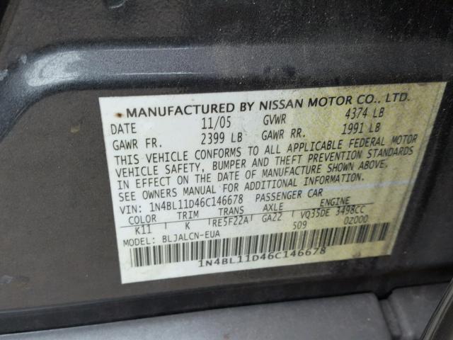 1N4BL11D46C146678 - 2006 NISSAN ALTIMA SE GRAY photo 10