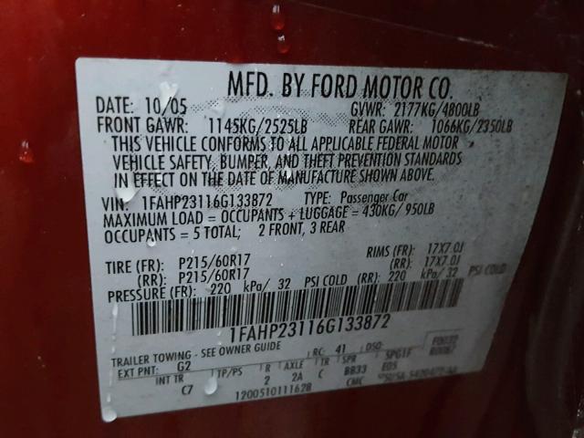 1FAHP23116G133872 - 2006 FORD FIVE HUNDR RED photo 10