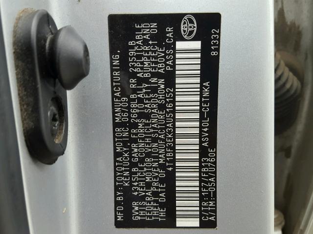 4T1BF3EK3AU516152 - 2010 TOYOTA CAMRY BASE SILVER photo 10