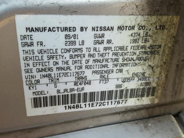 1N4BL11E72C117677 - 2002 NISSAN ALTIMA SE SILVER photo 10