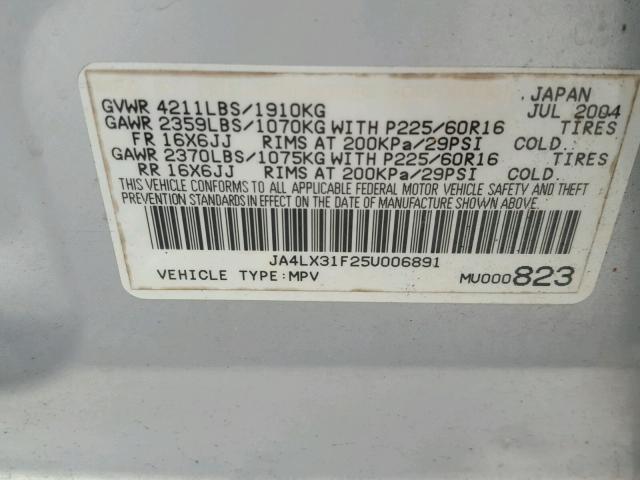 JA4LX31F25U006891 - 2005 MITSUBISHI OUTLANDER SILVER photo 10