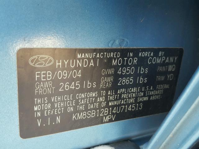 KM8SB12B14U714513 - 2004 HYUNDAI SANTA FE G BLUE photo 10