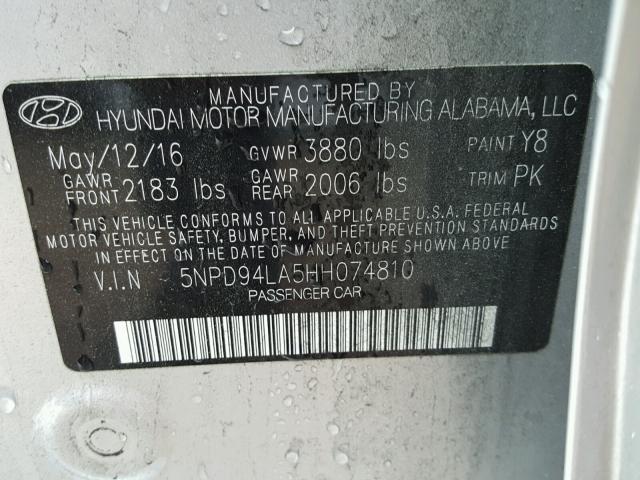 5NPD94LA5HH074810 - 2017 HYUNDAI ELANTRA EC SILVER photo 10