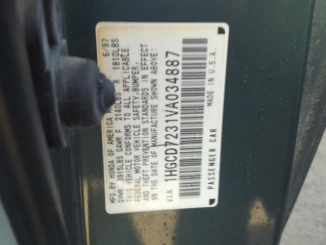 1HGCD7231VA034887 - 1997 HONDA ACCORD LX GREEN photo 10