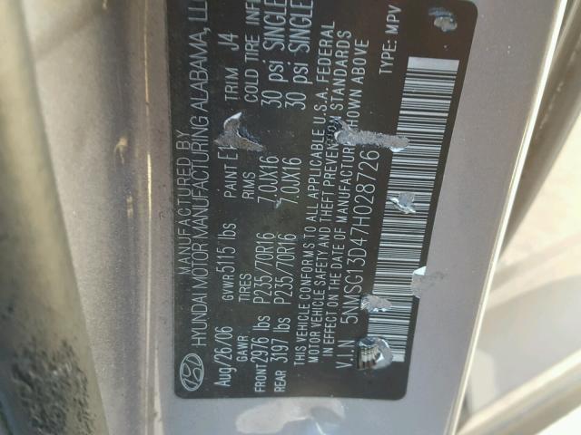 5NMSG13D47H028726 - 2007 HYUNDAI SANTA FE G GRAY photo 10