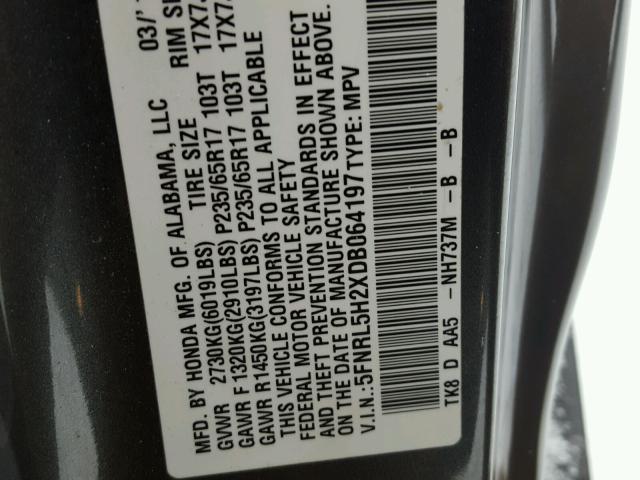 5FNRL5H2XDB064197 - 2013 HONDA ODYSSEY LX CHARCOAL photo 10