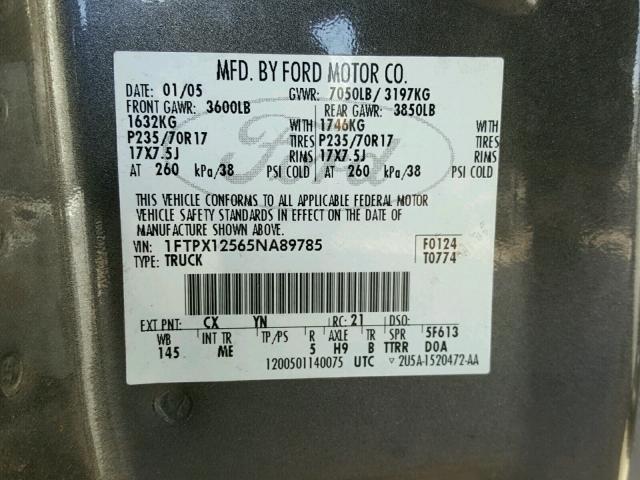 1FTPX12565NA89785 - 2005 FORD F150 GRAY photo 10