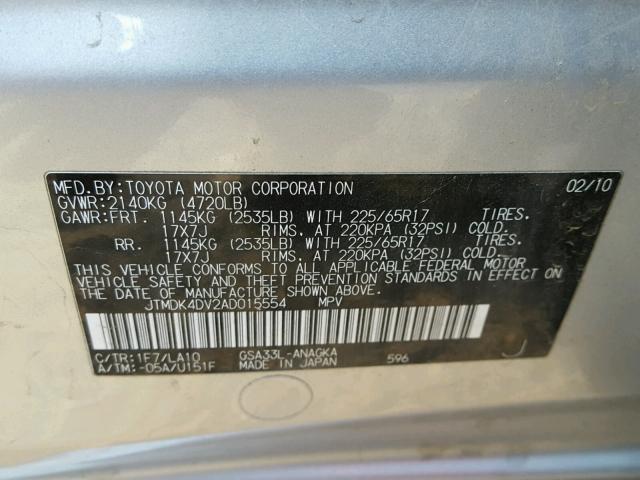 JTMDK4DV2AD015554 - 2010 TOYOTA RAV4 LIMIT SILVER photo 10