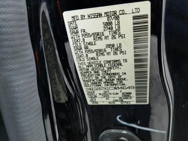 1N6ED26TX1C304649 - 2001 NISSAN FRONTIER K BLACK photo 10