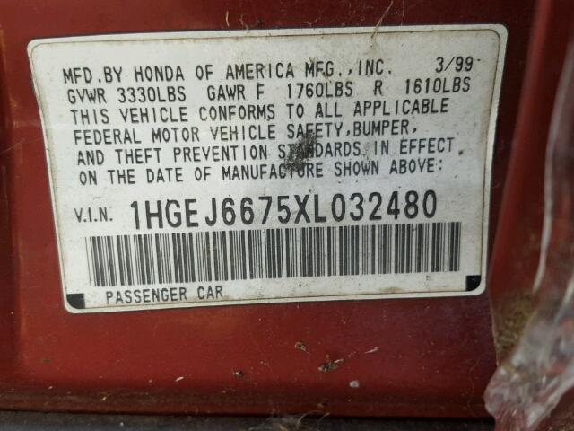 1HGEJ6675XL032480 - 1999 HONDA CIVIC LX RED photo 10