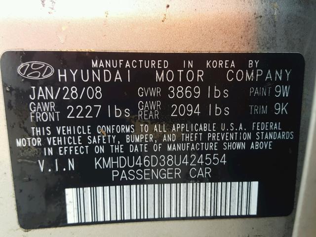 KMHDU46D38U424554 - 2008 HYUNDAI ELANTRA GL SILVER photo 10