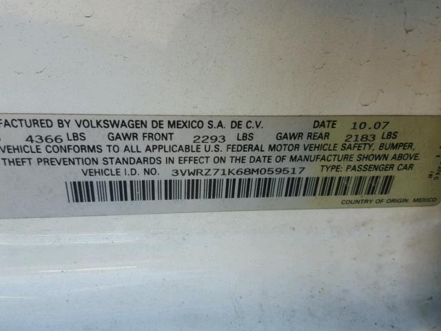 3VWRZ71K68M059517 - 2008 VOLKSWAGEN JETTA SE WHITE photo 10