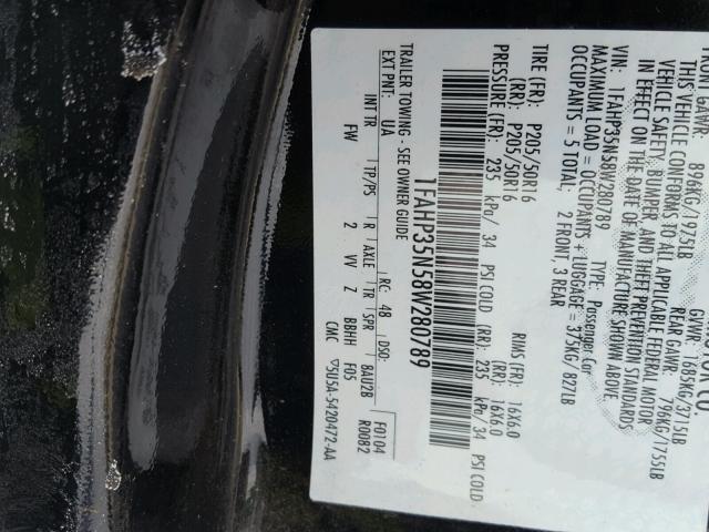 1FAHP35N58W280789 - 2008 FORD FOCUS SE BLACK photo 10