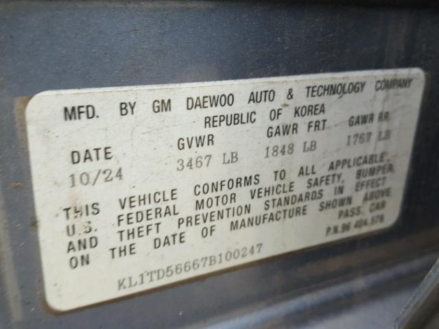 KL1TD56667B100247 - 2007 CHEVROLET AVEO BASE BLUE photo 10