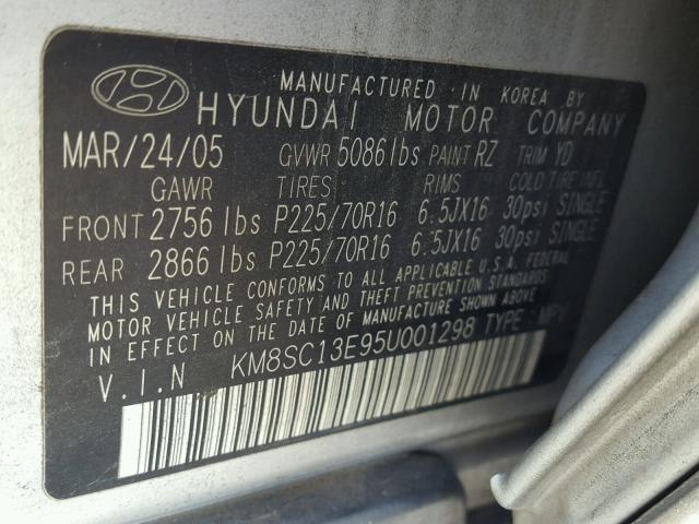 KM8SC13E95U001298 - 2005 HYUNDAI SANTA FE G SILVER photo 10