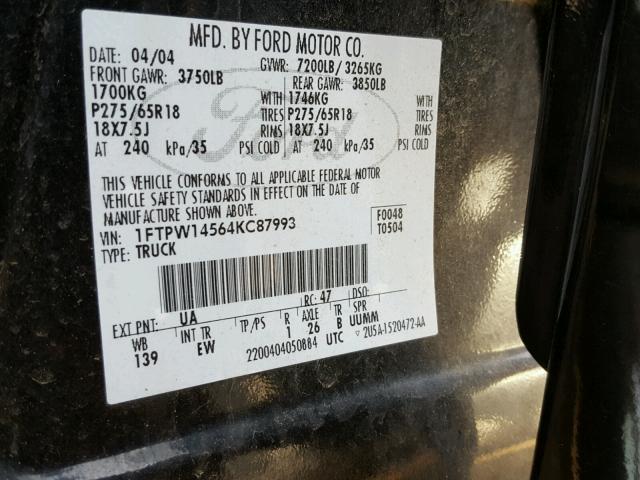 1FTPW14564KC87993 - 2004 FORD F150 SUPER BLACK photo 10