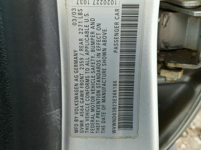 WVWND63B23E366186 - 2003 VOLKSWAGEN PASSAT GL SILVER photo 10