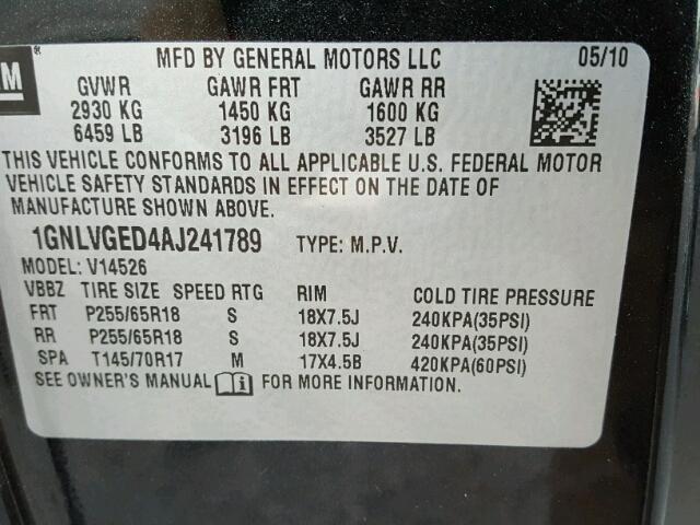 1GNLVGED4AJ241789 - 2010 CHEVROLET TRAVERSE L CHARCOAL photo 10