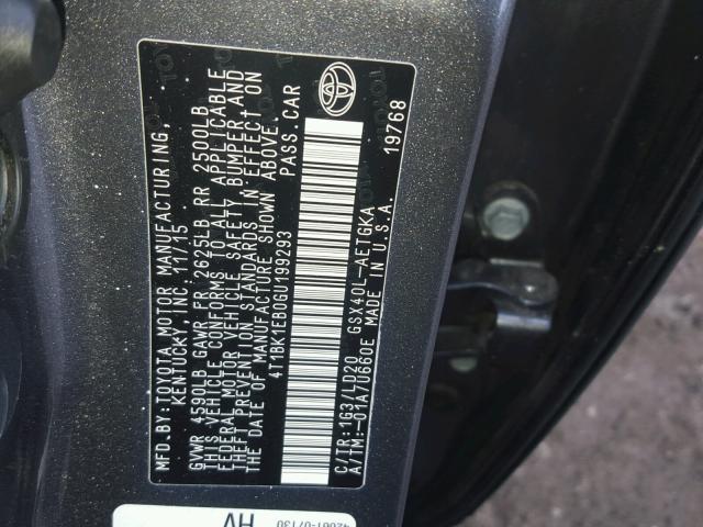 4T1BK1EB0GU199293 - 2016 TOYOTA AVALON XLE GRAY photo 10