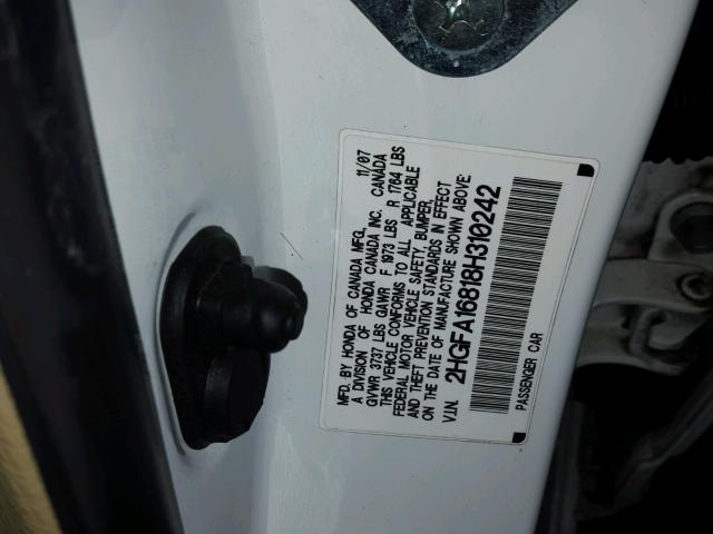 2HGFA16818H310242 - 2008 HONDA CIVIC EX WHITE photo 10