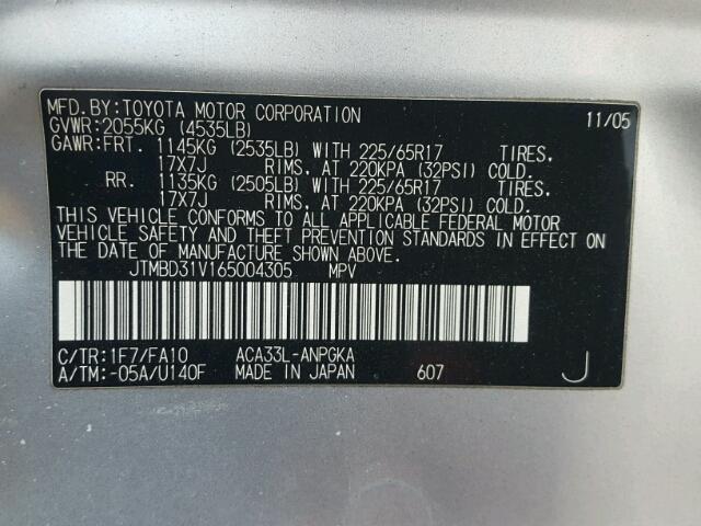 JTMBD31V165004305 - 2006 TOYOTA RAV4 LIMIT SILVER photo 10