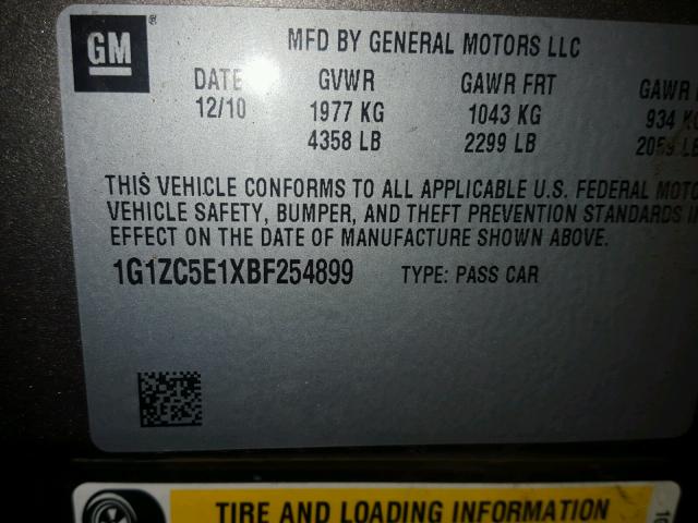 1G1ZC5E1XBF254899 - 2011 CHEVROLET MALIBU 1LT 灰色 照片 10