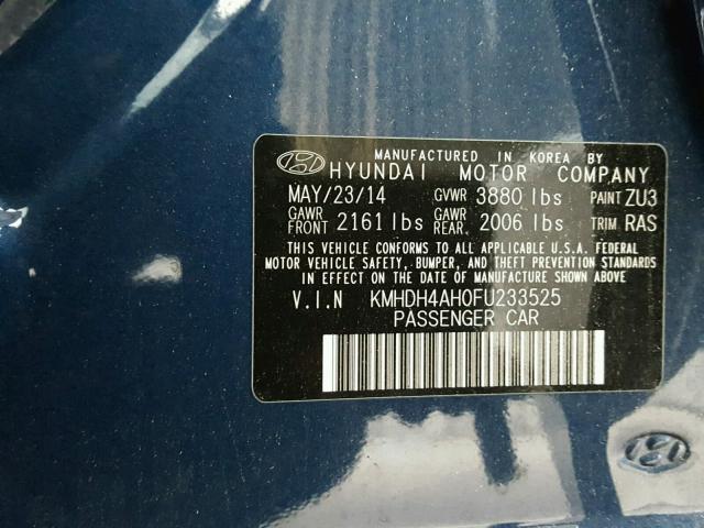 KMHDH4AH0FU233525 - 2015 HYUNDAI ELANTRA SE BLUE photo 10