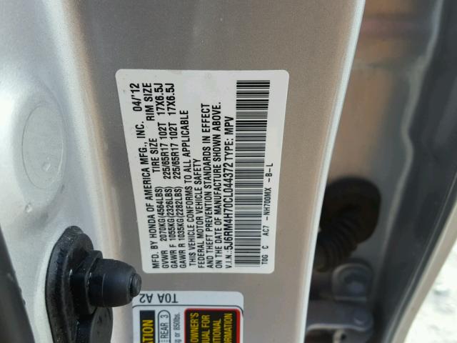 5J6RM4H70CL044372 - 2012 HONDA CR-V EXL SILVER photo 10