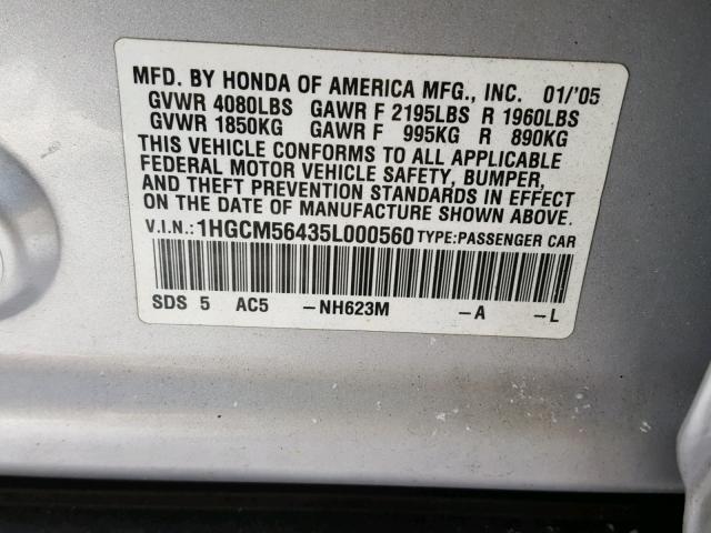 1HGCM56435L000560 - 2005 HONDA ACCORD LX SILVER photo 10