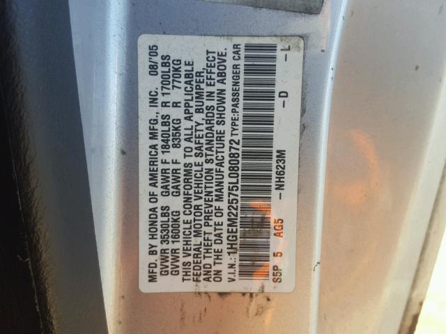 1HGEM22575L080872 - 2005 HONDA CIVIC LX SILVER photo 10