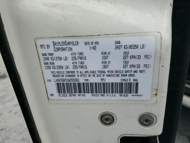 1J4GK58K52W259363 - 2002 JEEP LIBERTY LI WHITE photo 10