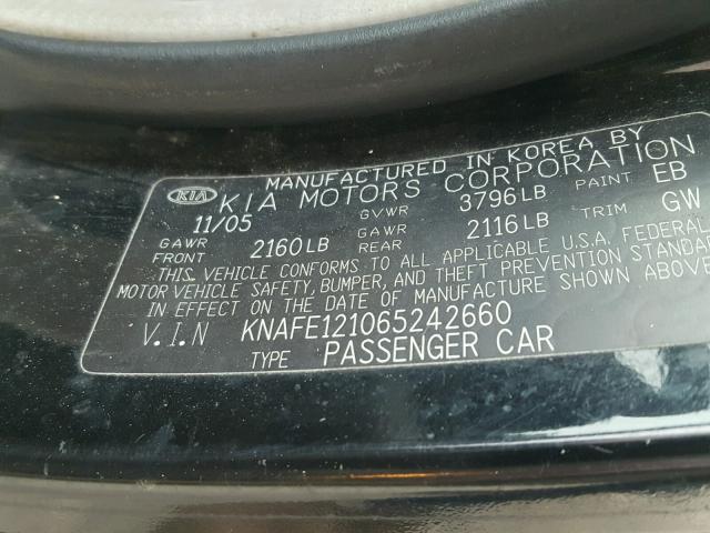 KNAFE121065242660 - 2006 KIA NEW SPECTR BLACK photo 10