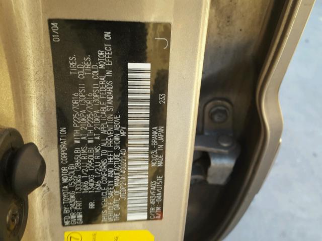 JTEDP21A140022140 - 2004 TOYOTA HIGHLANDER GOLD photo 10