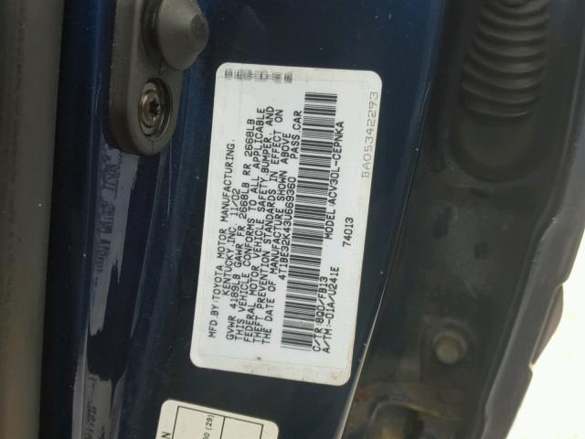 4T1BE32K43U669360 - 2003 TOYOTA CAMRY LE BLUE photo 10