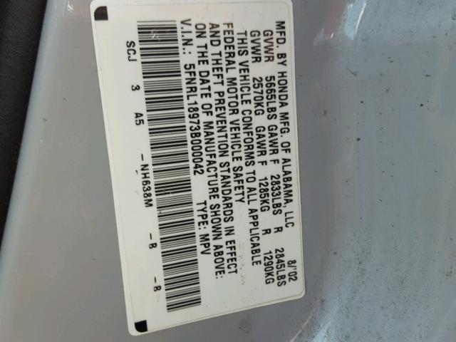 5FNRL18973B000042 - 2003 HONDA ODYSSEY EX SILVER photo 10