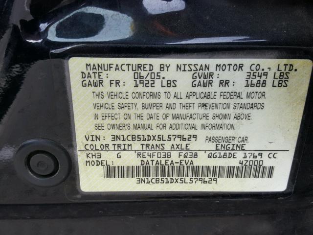 3N1CB51DX5L579629 - 2005 NISSAN SENTRA 1.8 BLACK photo 10